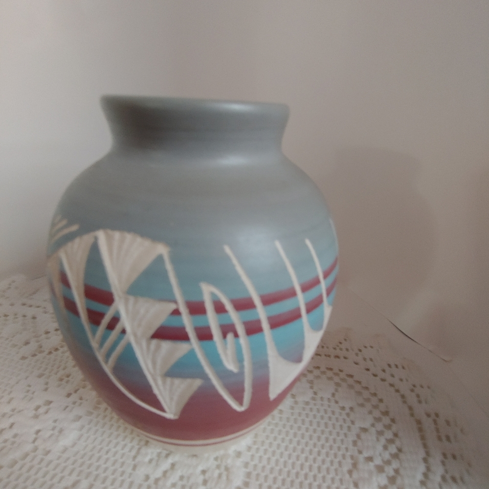 Navajo USA Pottery Vase Signed  By R SilasCarved Shapes Colorful